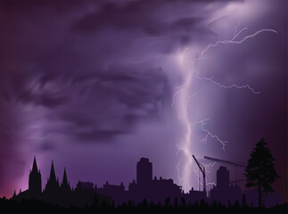 dark city landscape at lilac thunderstorm