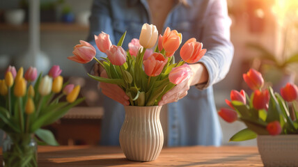 Women's hands place a vase with tulips on the table.