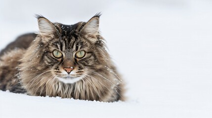 Norwegian Forest cat amidst a faux snowy white background a nod to its hearty and adventurous spirit with copyspace