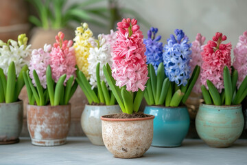 Fototapeta premium Pots with hyacinth of different colors.