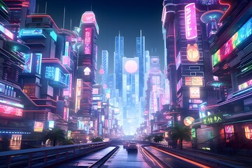 A bustling city street filled with neon lights and towering skyscrapers, alive with the energy of urban life.
 - obrazy, fototapety, plakaty