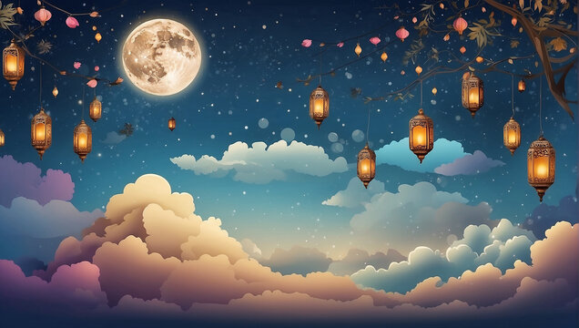 A night sky with a full moon, stars, clouds, and glowing lanterns.