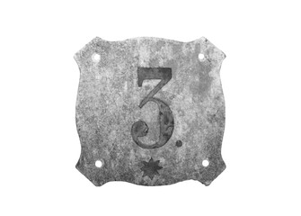 Gray house number plate on white background. Street sign number 3. Old textured stone tile png photo