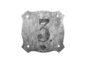 Gray house number plate on white background. Street sign number 3. Old textured stone tile png photo