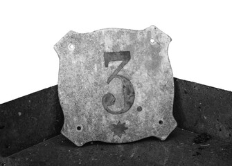 Gray house number plate on white background. Street sign number. Old textured stone tile png photo.