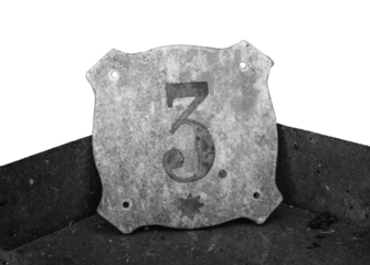Gray house number plate on white background. Street sign number. Old textured stone tile png photo.