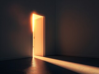 A half-open door emits a bright, inviting light into a dark room, symbolizing hope, opportunity, and the unknown.