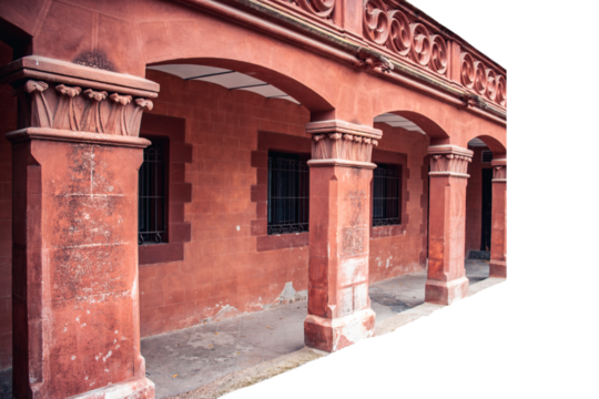 Columns of ancient fortified tower. Historical center of old medieval town png photo