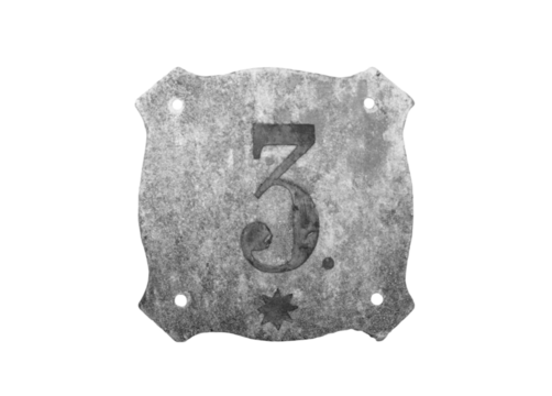 Gray house number plate on white background. Street sign number 3. Old textured stone tile png photo