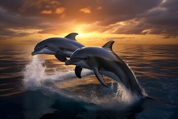 A pair of graceful dolphins leaping joyfully through the waves, their sleek bodies glimmering in the sunlight.
