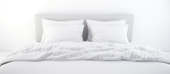A bed with a white comforter and four pillows neatly arranged on top. The bedding is white, creating a clean and crisp look in a bedroom setting.