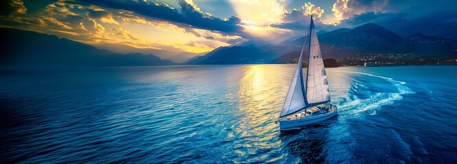 Sailboat leaving the harbour at sunset. Summer adventure, seascape, travel, holiday concept. - obrazy, fototapety, plakaty