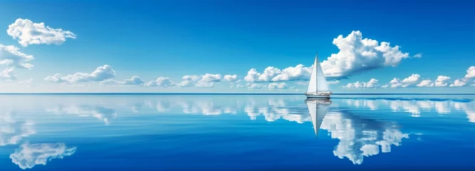 Foto op Canvas Panoramic minimalist seascape yacht solo expedition across the Atlantic white clouds blue sky reflection.  © Pixel Paradigms