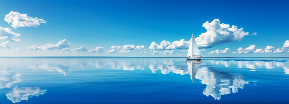 Panoramic minimalist seascape yacht solo expedition across the Atlantic white clouds blue sky reflection. 