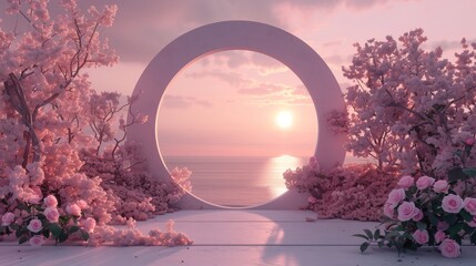 serene nature fantasy with pink floral trees and roses around circular stage overlooking ocean sunset panorama, mother day, valentine day, wedding, cosmetic, greetings - obrazy, fototapety, plakaty