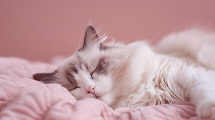 Fototapeta premium Ragdoll cat sprawled lazily eyes half closed on a soft pink background a vision of peace and softness with ample copyspace