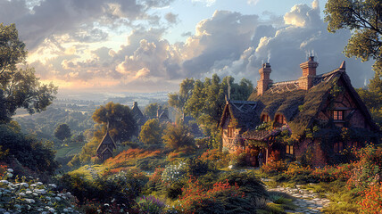 Idyllic countryside landscape with quaint cottages amidst lush greenery under a dramatic sky at sunset