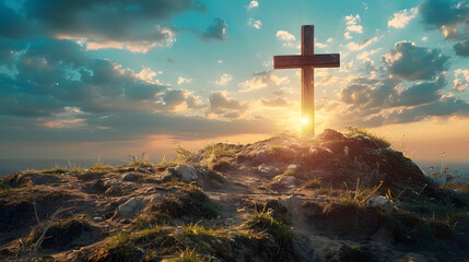 A wooden cross is placed on top of a rocky hill. The sky is blue with white clouds and a bright sun is shining  - obrazy, fototapety, plakaty