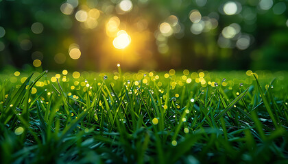 Fresh green grass in spring yard, close up, bokeh - Powered by Adobe