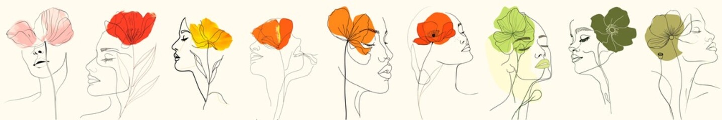 Line art doodle featuring many woman intertwined with colorful flowers. Women's Equality Day. Girls in ICT Day. International Day for the Elimination of Violence Against Women.  - obrazy, fototapety, plakaty