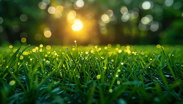 Fresh green grass in spring yard, close up, bokeh