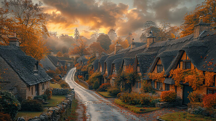 Quaint village street with traditional thatched cottages and autumn foliage at sunset. - obrazy, fototapety, plakaty