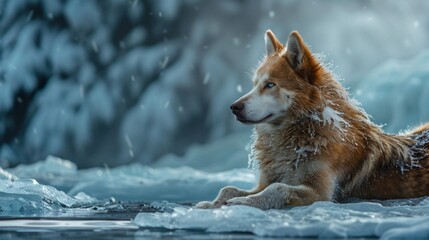Siberian in a fluffy pose on a cool ice blue background harking to its rugged wintry origins with generous copyspace