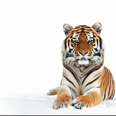 Obraz premium Siberian tiger lounging on a crisp white background its gaze piercing surrounded by expansive copyspace