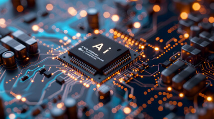 An orange circuit board with a black chip that says AI on it. - obrazy, fototapety, plakaty