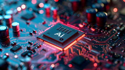 Fototapeta na wymiar An orange circuit board with a black chip that says AI on it.