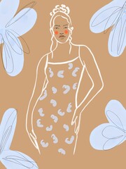 Sophisticated Fashion Illustration. Minimalist Line Drawing of a Feminine Figure with Abstract Floral Accents. Contemporary art for Trendy Poster, Retro inspired Print, apparel design. 
