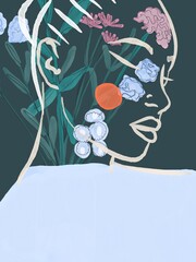 Aesthetic Line drawing Woman portrait. Colorful abstract floral bouquet composition. Contemporary art. Delicate contour modern illustration. Hand drawn portrait for print, poster, design, t-shirt