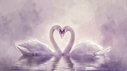 Two swans forming a heart with their necks on a serene lavender background in a graceful watercolor style with ample copyspace
