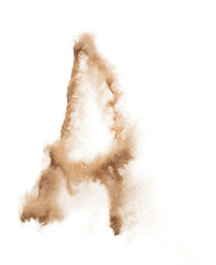 A English alphabet made of Sand explosion with A English alphabet scattered, space for text. Concept of Flying sand particle object to shape in air. White background Isolated throwing element object