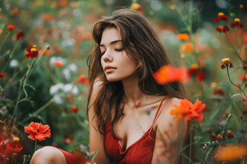 Naklejka premium Portrait of a young female in a field of flowers