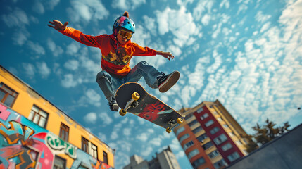 A young boy is happily freestyle walking on his skateboard in the sky, performing street stunts as a stunt performer. Its a fun and artistic leisure activity - obrazy, fototapety, plakaty