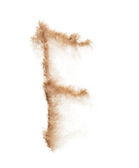 F English alphabet made of Sand explosion with F English alphabet scattered, space for text. Concept of Flying sand particle object to shape in air. White background Isolated throwing element object