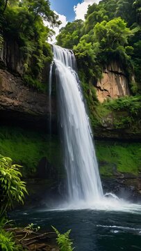 Serene Forest Waterfall: A stunning cascade amidst lush greenery, rocks, and a flowing river in a picturesque natural landscape