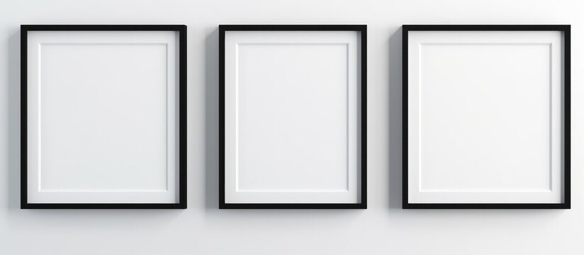 Three empty black and white frames are hanging on a white wall. The frames are positioned in a straight line, adding a minimalist touch to the rooms decor.