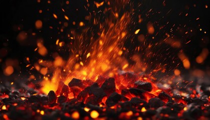 burning coals in the dark - flames of a fire or fireplace on a black background
