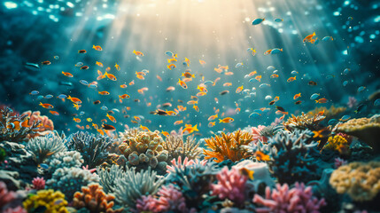Oceanic Wonders: A Vibrant Underwater Scene with Coral Reefs and Tropical Fish, Showcasing Marine Diversity - obrazy, fototapety, plakaty