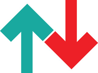 Arrows up and down. Upward, downward arrows in green and red isolated on white background, set of two. Flat style eps 10 vector illustration.