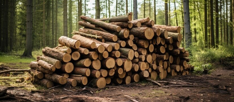 A cluster of tree trunks lies in a forest, remnants of logging activities. The logs represent the transformation of trees into lumber, impacting the natural landscape