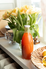 breakfast with orange juice. Healthy detox spring background. Carrot juice 