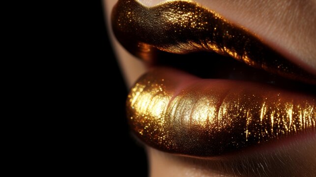 Close up macro shot of womens lustrous golden lips in hyperreal photography on a dark background, banner