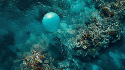 Obraz na płótnie Canvas A rich teal balloon blending with the colors of a tropical reef below.