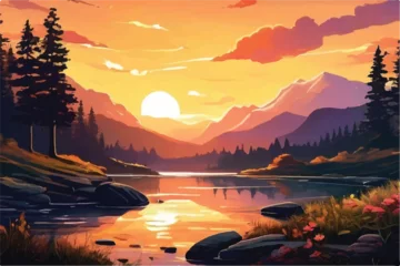 Meubelstickers Nature's Majesty An Image of a Stunning Sunset. Beautiful Nature landscape with lake, mountains and beautiful view of sunset. Landscape with Mountain and lake.  beautiful landscape.                    © Usama