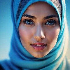 Beautiful Blue Hijab Close Up Portrait Of A Woman With Blue Background