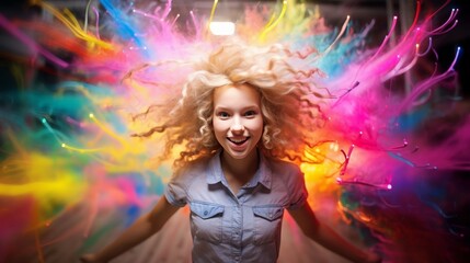 Obraz na płótnie Canvas Happy girl surrounded by colorful background creating a bright and warm atmosphere, carnival concept, banner