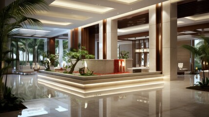Sophisticated modern hotel lobby interior featuring elegant marble design and contemporary style concept, banner